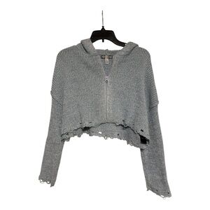 Urban Outfitters Distressed Hem Cropped Knit Zip Up Hoodie Jacket Blue Size S